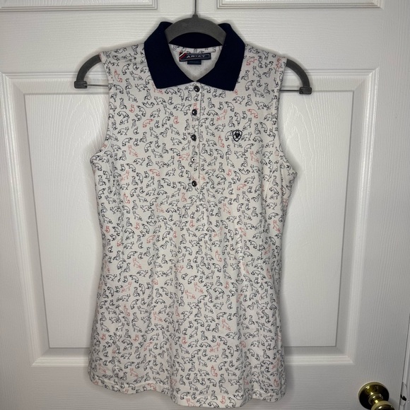 Ariat White and Blue Sleeveless Polo Collared Top in Fox Design Size Medium GUC - Picture 1 of 7